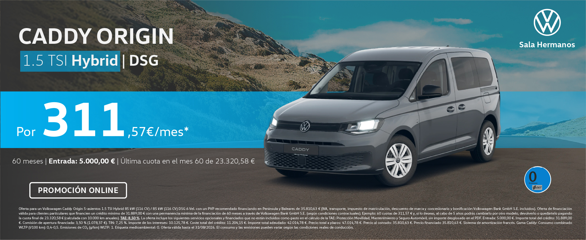 ¡Promoción online! Volkswagen Caddy Origin Hybrid DSG por 311,57€/mes